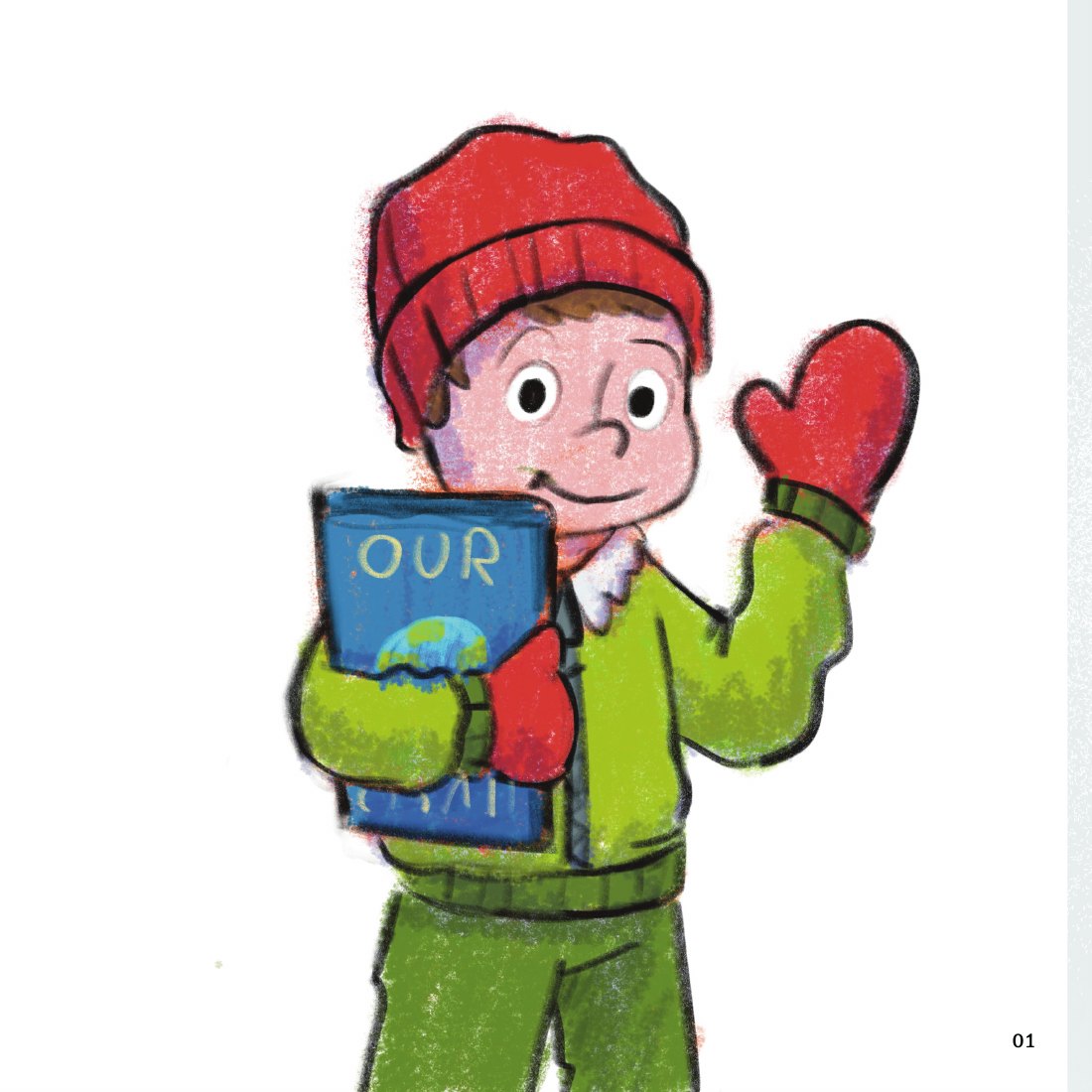 Colin wearing his winter hat and holding a book